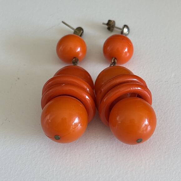 Vintage Earrings 3" Dangle Drop Pierced Orange Acrylic Mod Happy Go go - Picture 5 of 11